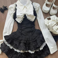 Harajuku Sweet Lolita Style Two Piece Sets Womens Outfits Y2k Kawaii White Shirt Bow Lace Vest Ruffle Mini Skirts Gothic Skirt