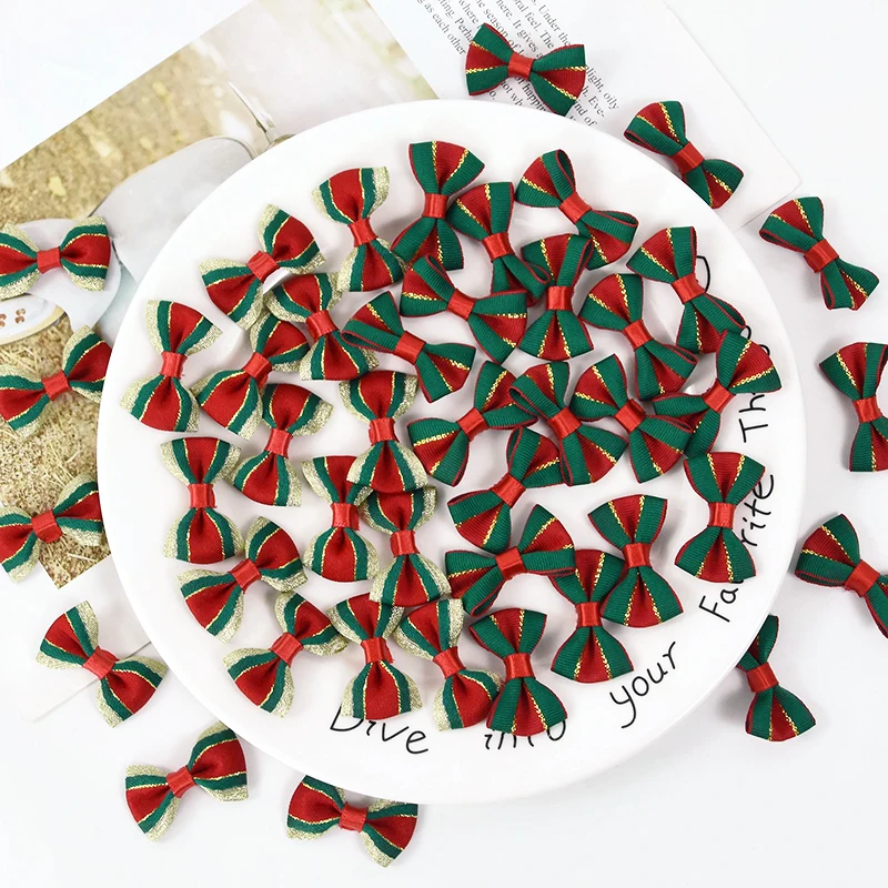 30pcs Christmas Satin Ribbon Bow Chrismas Tree DIY Hanging Decoration Girls Fashion Hair Accessories For Happy New Year Supplies