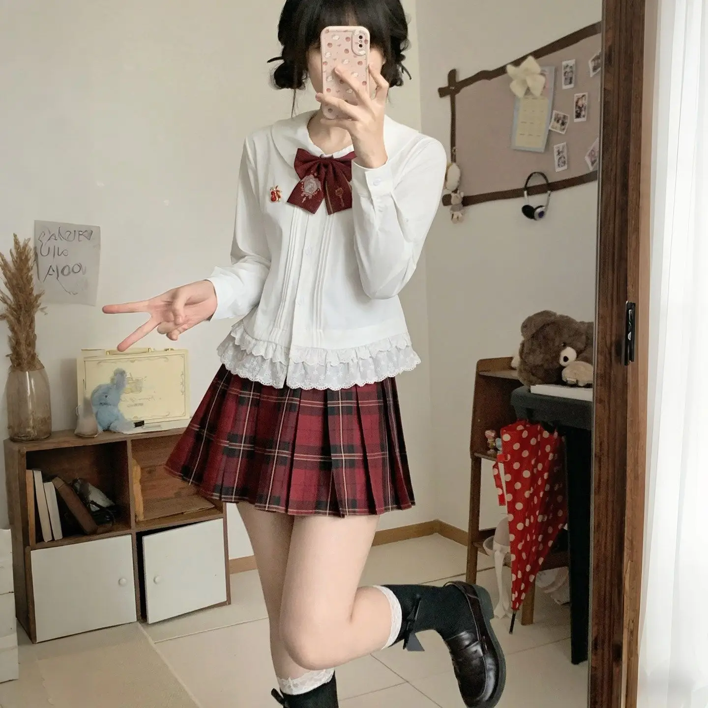 

Japan College Style Jk White Shirt Women'S Japanese Autumn Uniform Suit New Year'S Red Short Skirt Long-Sleeved Waist Top