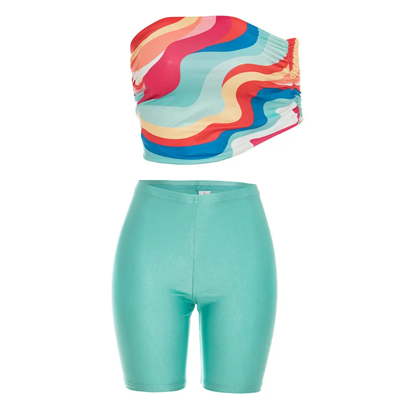 Damen Zweiteiler im Spicy-Girl-Stil: Bedrucktes Kurztop mit One-Shoulder-Design + Einfarbige Enge Hose