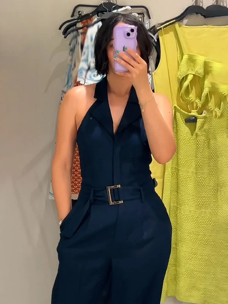 

HH Female Fashion Sleeveless Jumpsuits Solid Turn-Down Collar Belt Decoration Single-Breasted Woman Summer Backless Jumpsuit