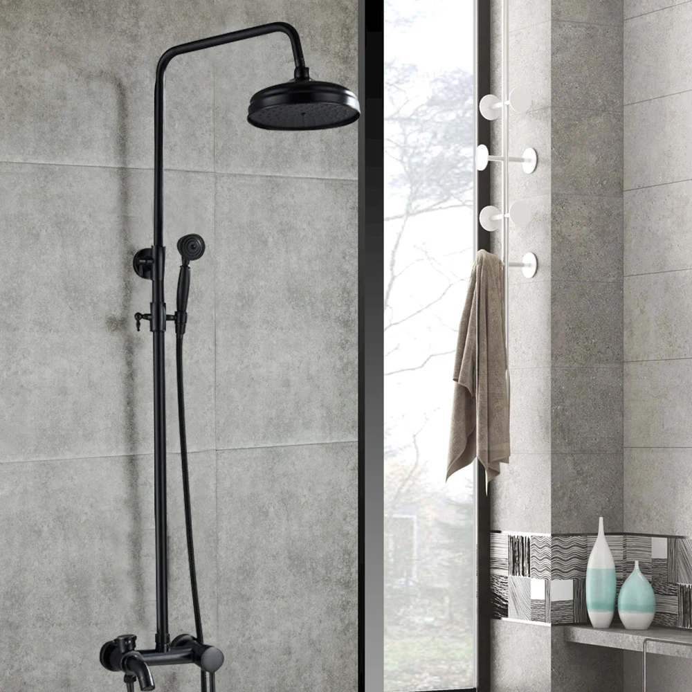 Wall Mounting Rain Shower Set Hand Shower System Faucet Bathroom Antique Retro Black