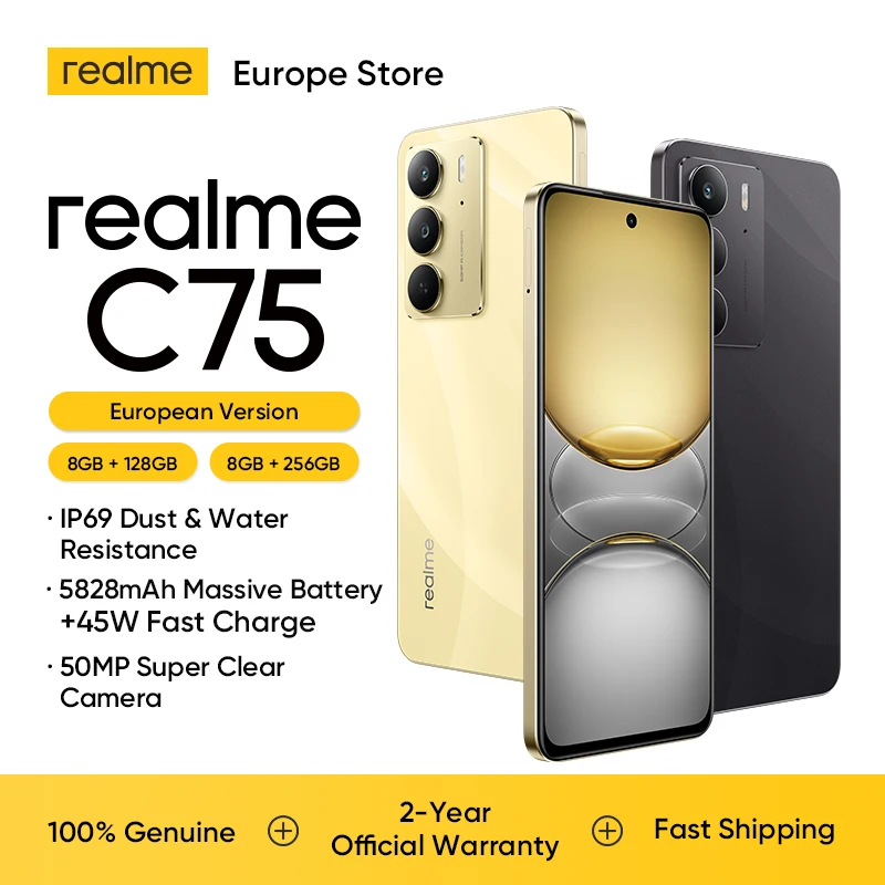 realme C75 Smartphone Europäische Version Helio G92 Max Chipsatz 5828 mAh Akku 90 Hz FHD-Display 50 MP AI-Kamera 45 W Ladung NFC IP69