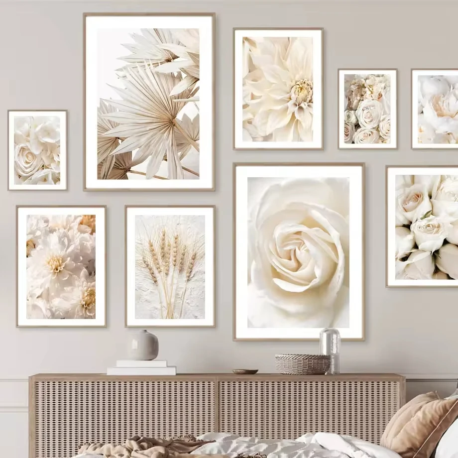 Blooming Roses Peonies Beige White Walls Artistic Canvas Paintings Nordic Posters and Prints Living Room Home Decoration Murals