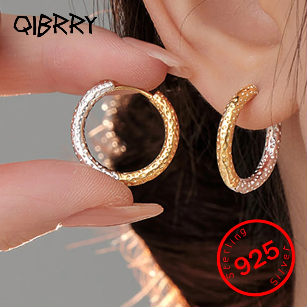 

Round Hoop Earrings Contrast Color Uneven Geometric Piercing Ear Buckle Stamp 925 Sterling Silver Fine Jewelry