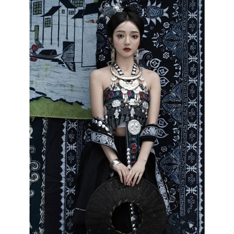 Ethnic Minority Costume Female Stage Miao Costume Wax Dyed Hanging Dress Miao Costume Miao Xinjiang Suit Top Skirt Shawl