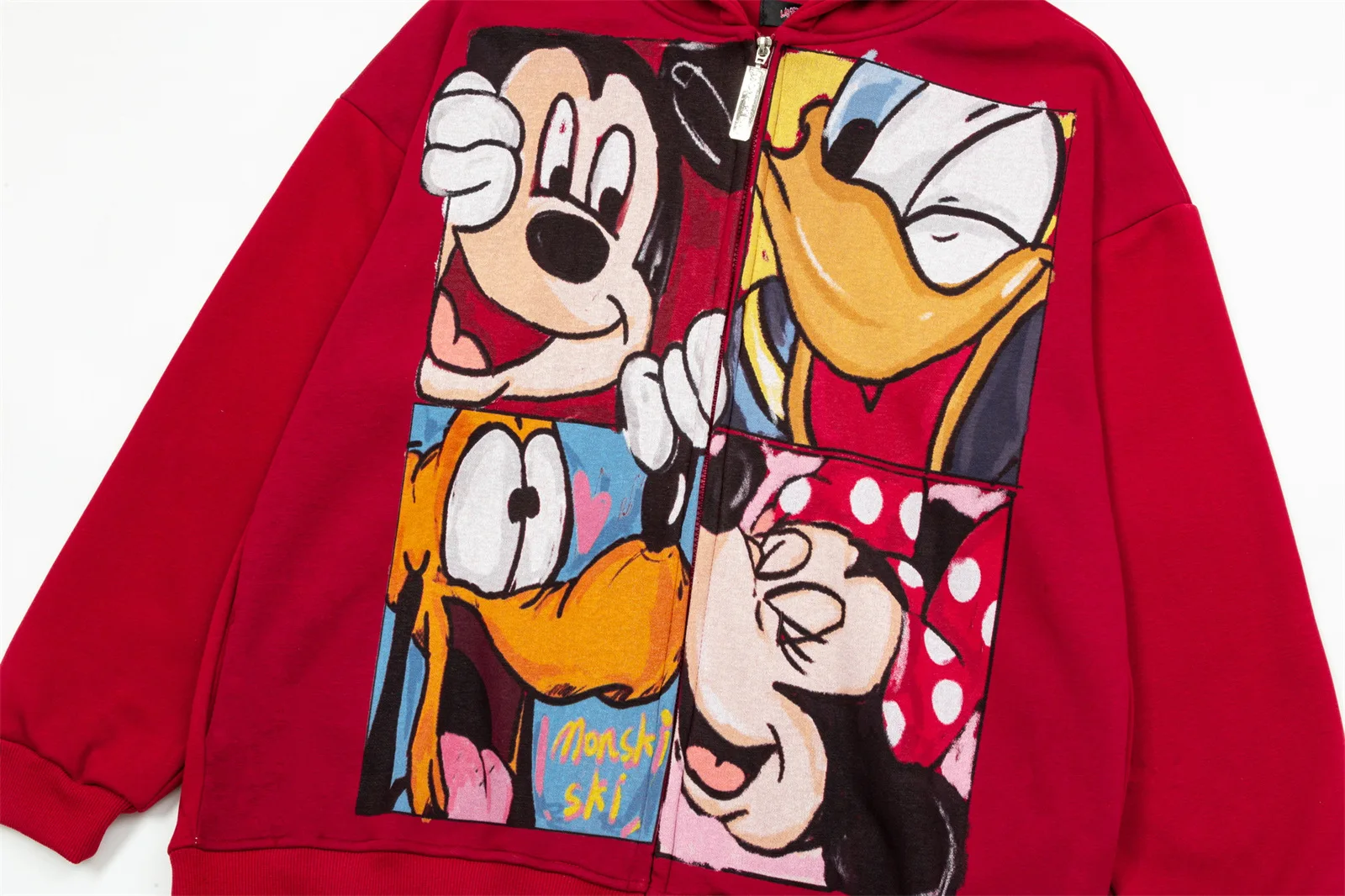 American Retro Cartoon Print 3d Ears Hooded Fleece Sweater Men's and Women's Autumn and Winter Loose Versatile Zip Jacket
