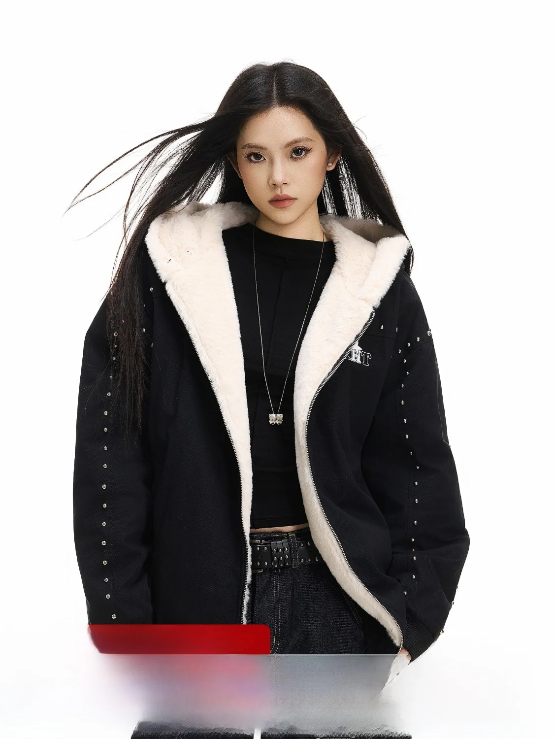 

Thiened American Retro Rivet Hooded Jaet Cotton Polyester Street Sle Autumn Winter Warm Outerwear for Couples