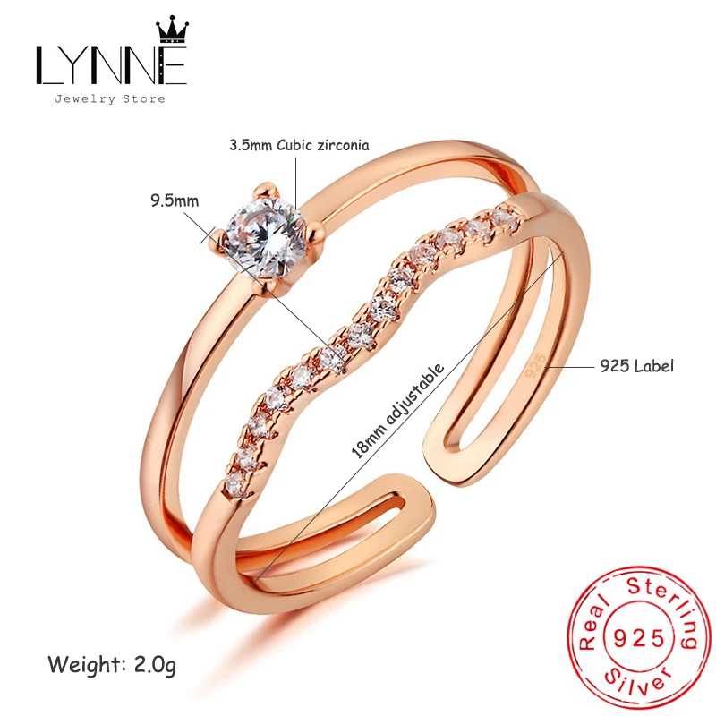 Fashion 925 Sterling Silver Elegant Double Layers Rhinestone Open Adjustable Rings Women Jewelry Rose Gold Zircon Resizable Ring