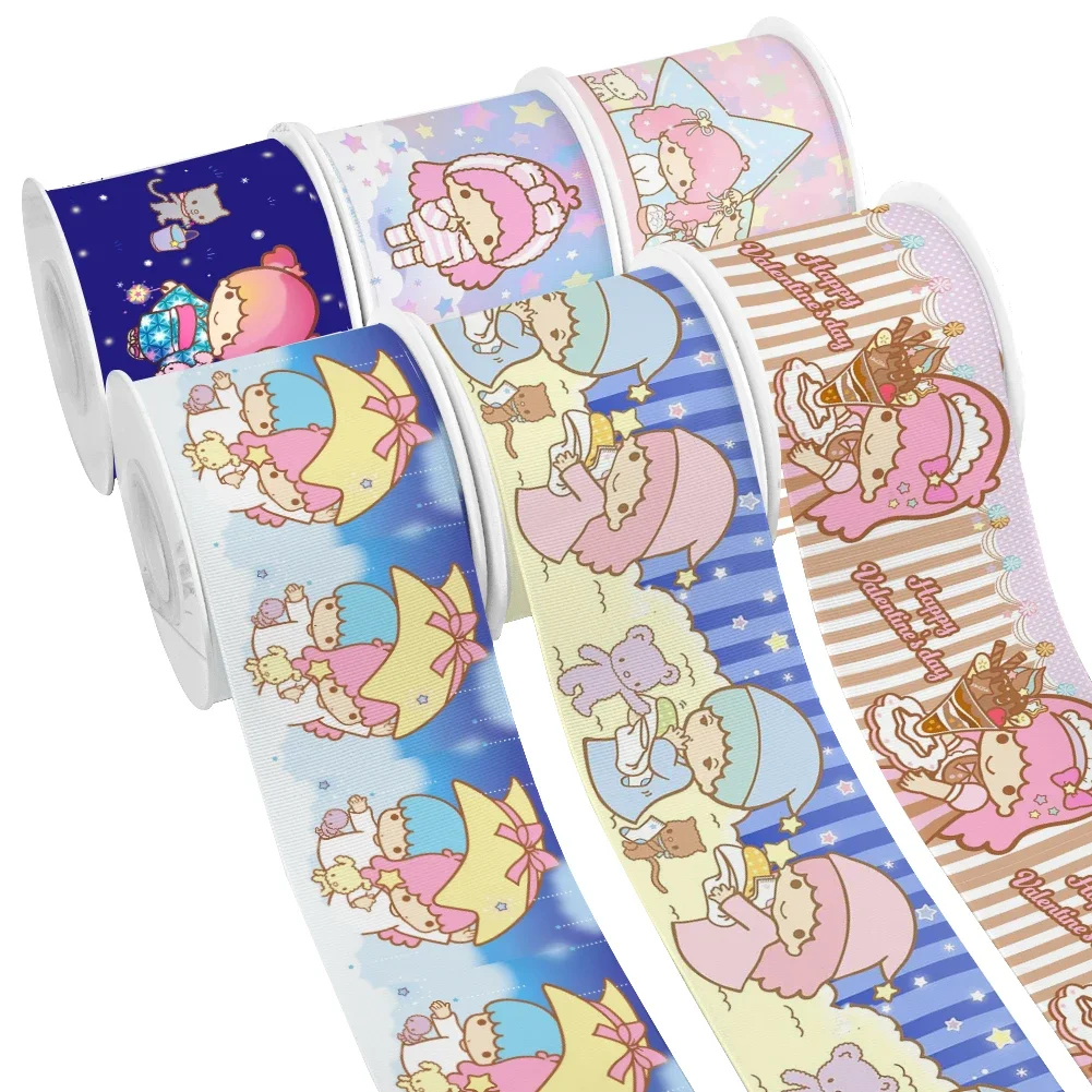 Japanese Cartoon Sanrio Little Twin Star Design Printed Grosgrain Satin Ribbon for Gift Wrapping Hair Bow 50 Yards