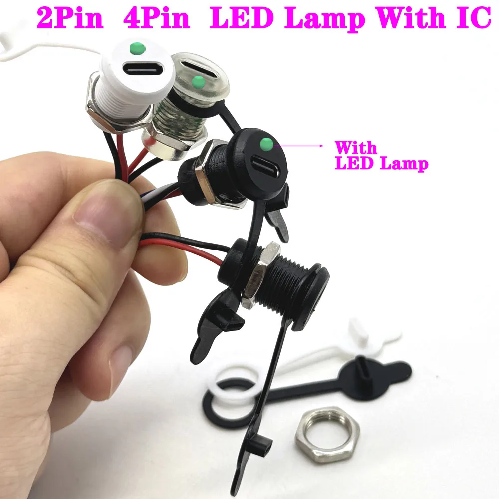 2Pin 4Pin LED Lamp With IC USB C High Current Charging Socket With Nut Snap Lock Plate TYPE-C Female Waterproof Connector Jack