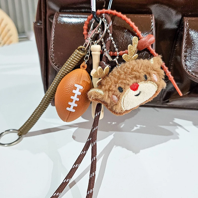 Kawaii Christmas Brown Elk Football Plush Keychain Creative Stuffed Keyring Bag Pendant Car Key Holder Girls Xmas Gifts