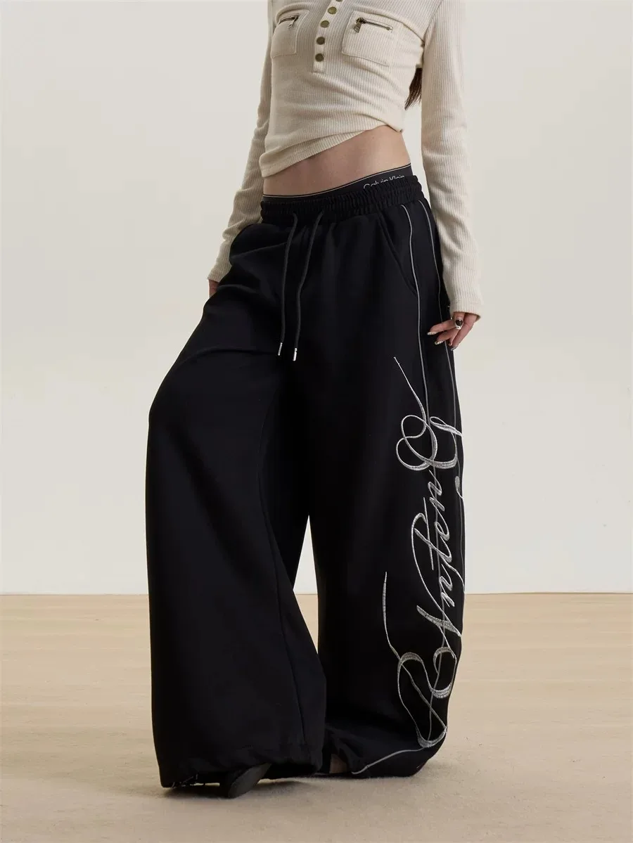 American Street Style Embroidered Wide Leg Sweatpants Women's Spring Autumn Loose Drape Casual Pants Jazz Dance Sports Pants