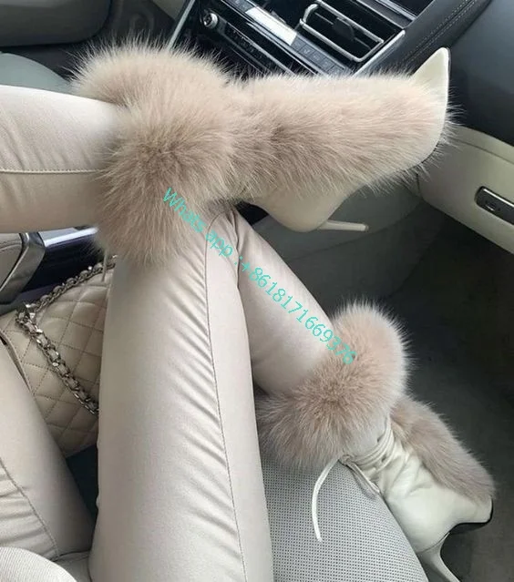 Fashion Classy Furry Street Mid-calf Boots Women Fluf Pointy Toe Stiletto Heel Leather Boots Lady Party Shoes zapatillas mujer