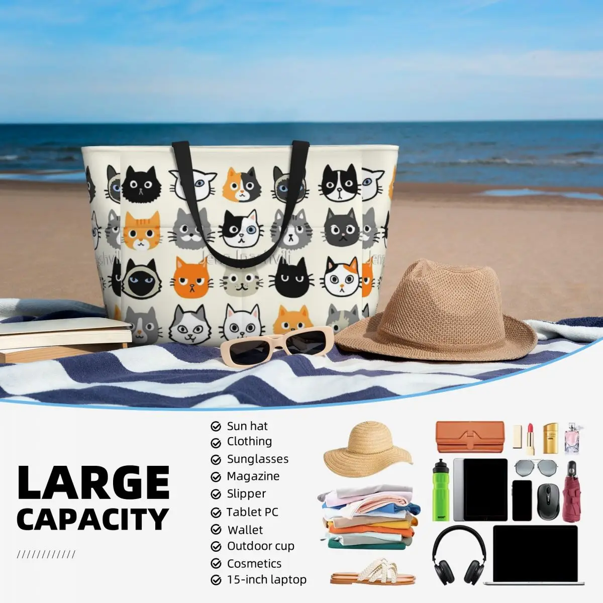 Facce di gatto assortite borsa da viaggio da spiaggia con gattino eccentrico carino, borsa Tote regali pratici moderni regalo di compleanno modello Multi-stile