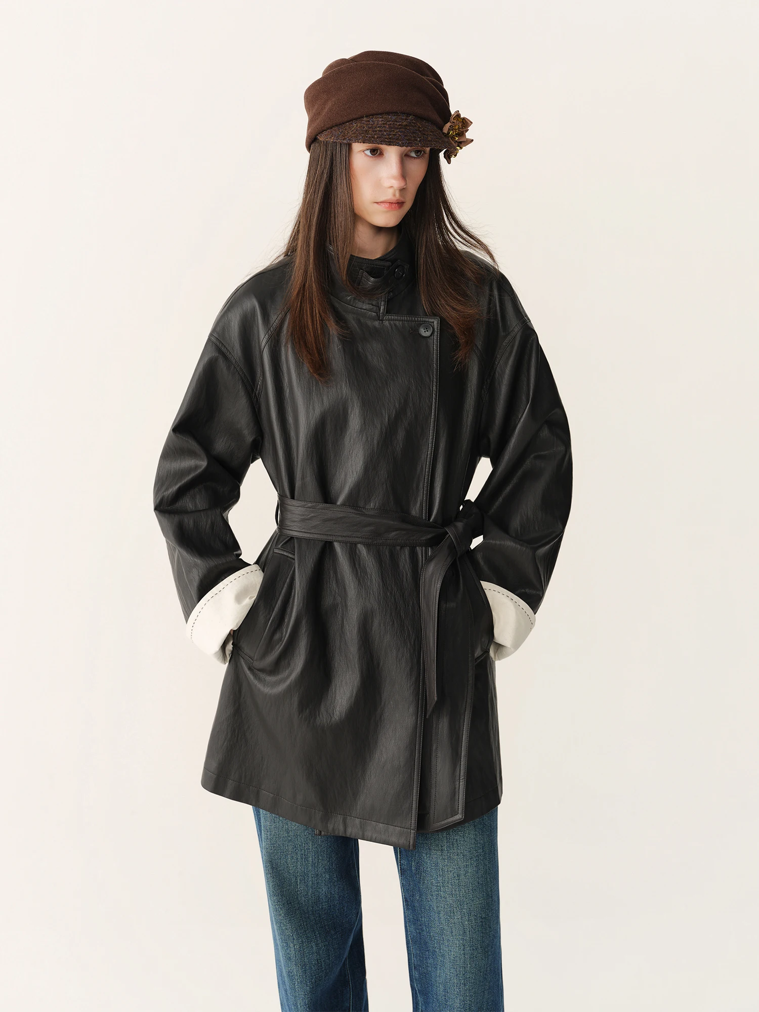 FSLE 2026 Women's Black Contrast Cuff Stand Collar Long PU Leather Jacket Streetwear Motorcycle Inspired Outerwear Trendy Coat