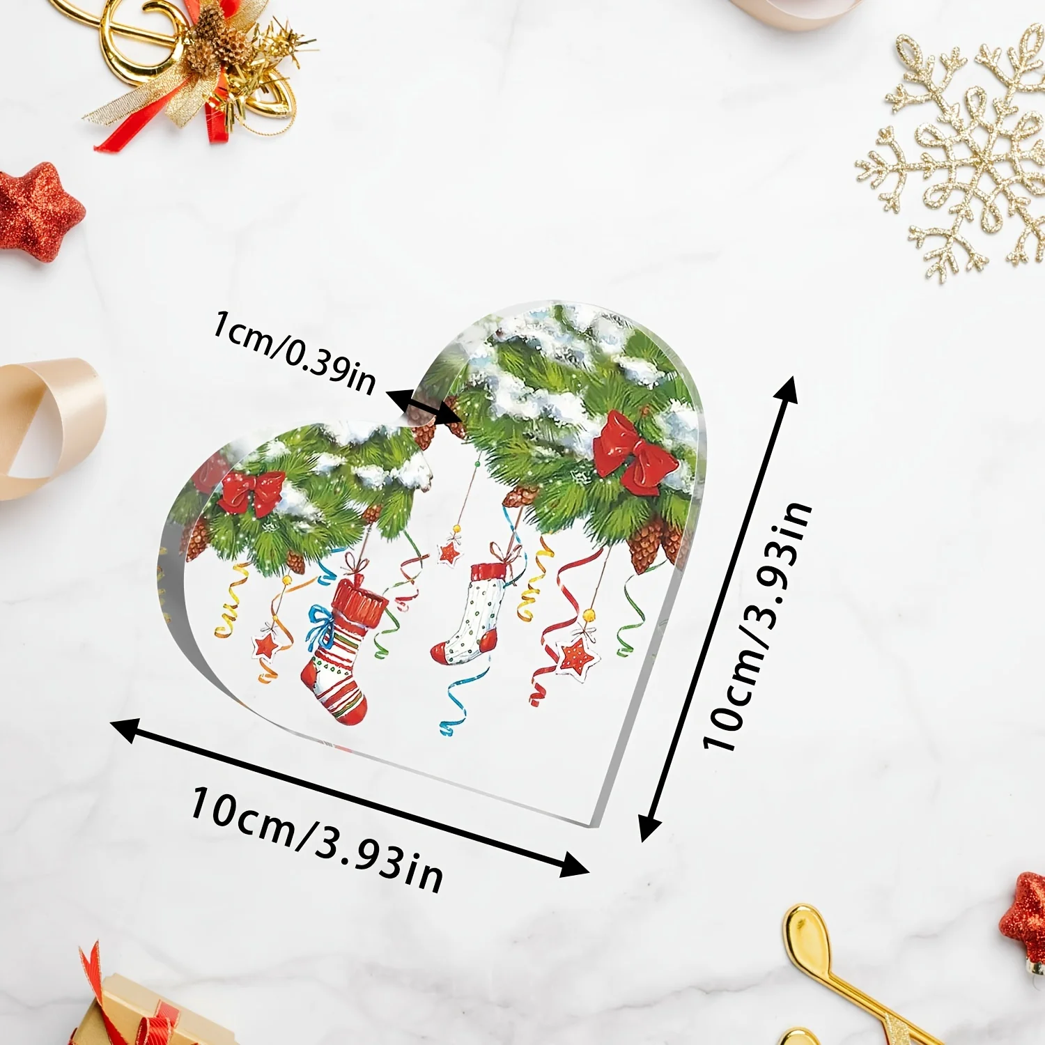 Christmas Stocking Heart Acrylic 2D Table Sign, Snow‑Covered Pine Branches, Red Bow, Star Ornaments and Curly Ribbon Design Desk