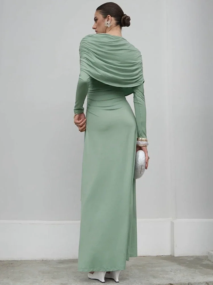 Elegancka sukienka wieczorowa z marszczeniami, długim rękawem, w jednolitym kolorze, damska, szykowna, z wysokim stanem, z zakładkami, asymetryczna długa sukienka maxi, suknie damskie.
