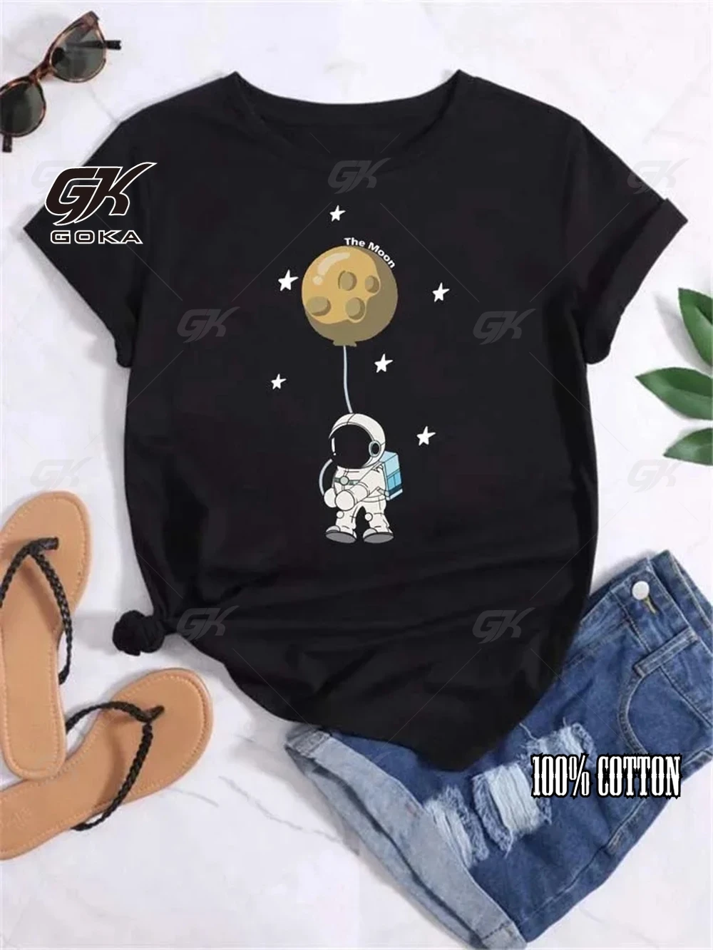 T-shirt manches courtes col rond femme, streetwear décontracté et à la mode avec lune et planète imprimée