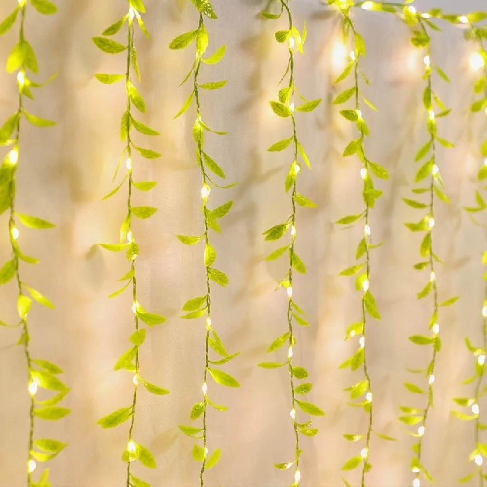 100LED Simulated Willow Leaf Curtain Light, USB Power Supply, 8 Flashing Modes, Indoor Room Curtain Light, Wedding Decoration