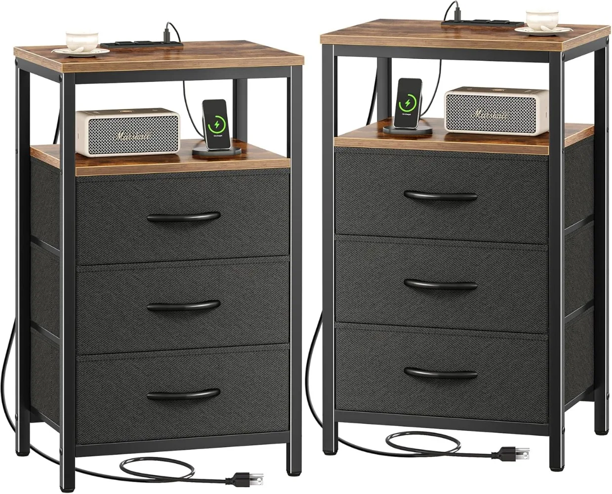 

Nightstands Set of 2, 27.6 Inch with Charging Station, Side Tables with Fabric Drawers, Bedside Tables with USB Port and Outlet