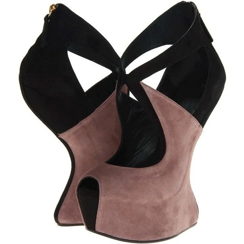 Platform Mixed Colors Fretwork Heels Pumps Sexy Round Toe Peep Toe Suede Patchwork Customized New Arrivals Fashion Women Shoes