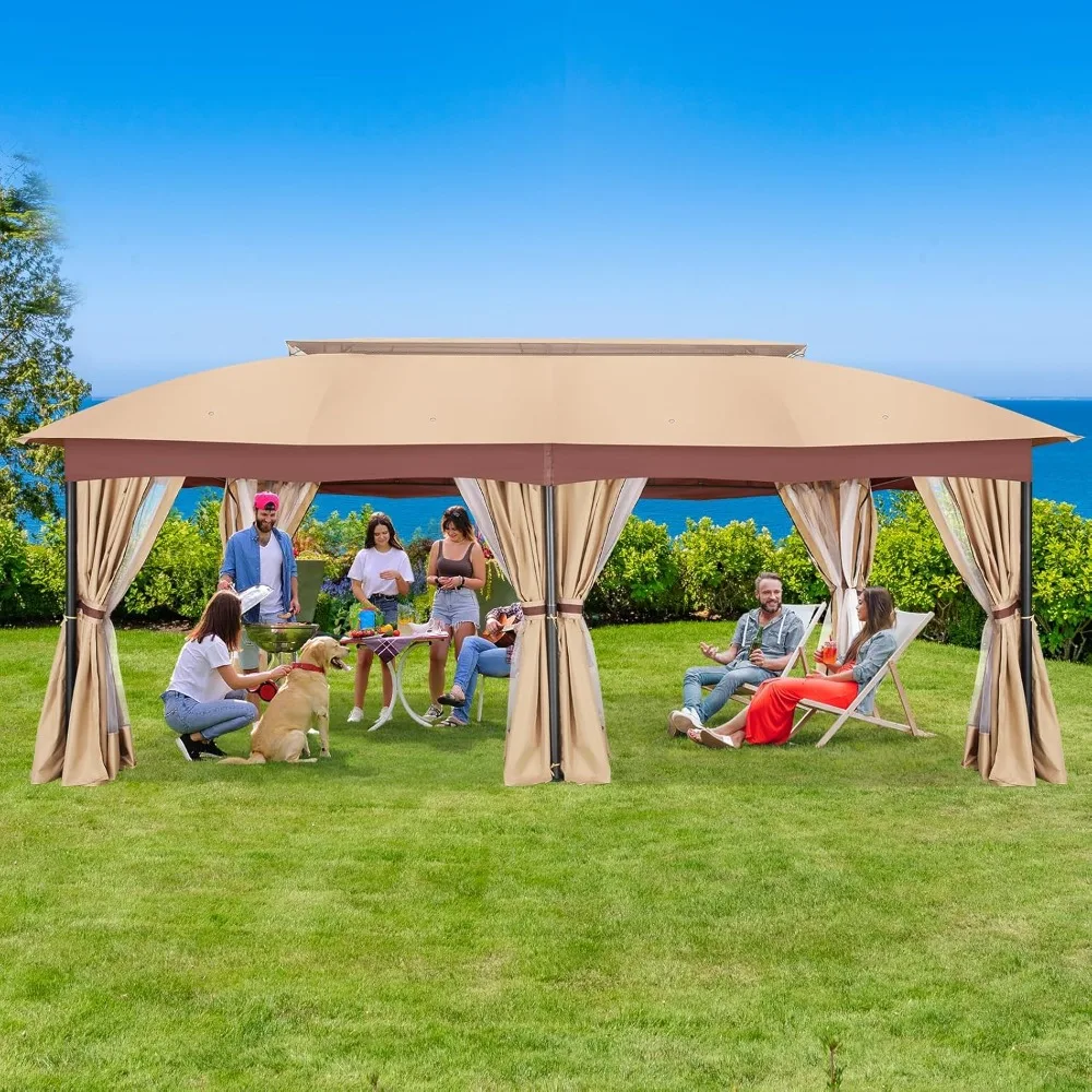 12x20 Gazebo with Curtains Nettings, Outdoor Gazebos, Heavy Duty Gazebos Double Roof with Metal Frame Gazebo Tent