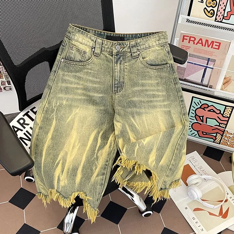 Men Tassel Trendy Capri Denim Pants Shorts Male Vintage Tie Dye Hip Hop Shorts Boy Hansdome Distressed Aged Ins Chic Y2K Shorts