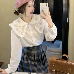 Forest Style Girl's Fresh Lace Doll Collar Double Layered Embroidered Long Sleeved Shirt for Women's Autumn Base White Shirt