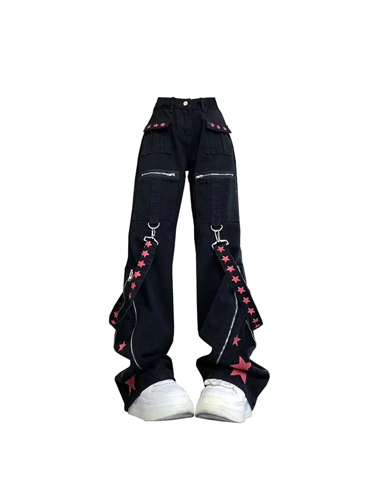 Women Black Gothic Baggy Cargo Jeans Harajuku Vintage Y2k Denim Trousers Cowboy Pants 90s Aesthetic Trashy Emo 2000s Clothes New