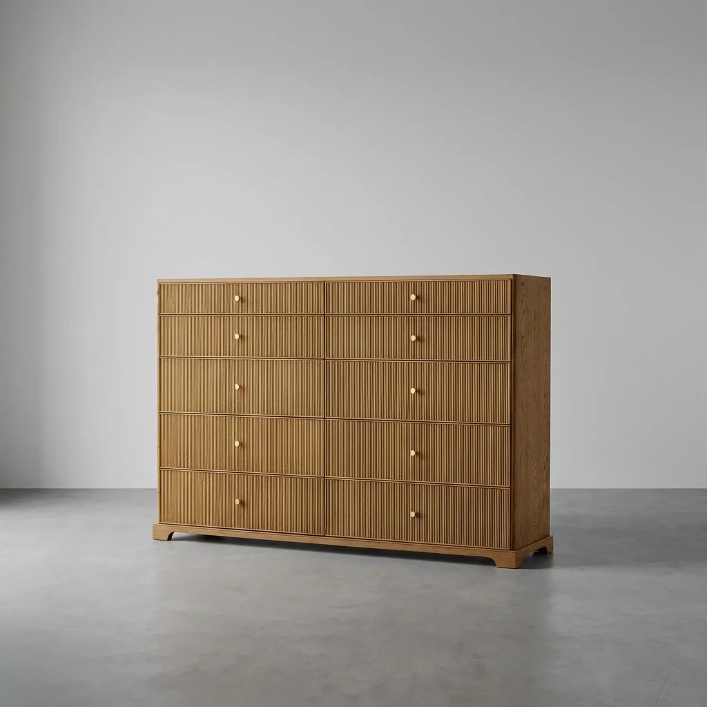 Modern French Reeded 10-Drawer Dresser  Solid Oak Wood Handmade Chest of Drawers Storage Dresser Bedroom Furniture