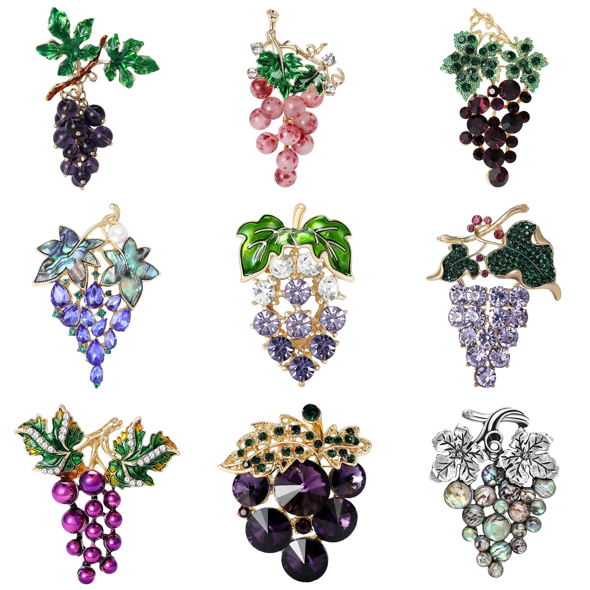 Rhinestone Grape Brooches for Women Unisex Enamel Fruit Plant Pins Office Party Friend Gifts Jewelry Accessories
