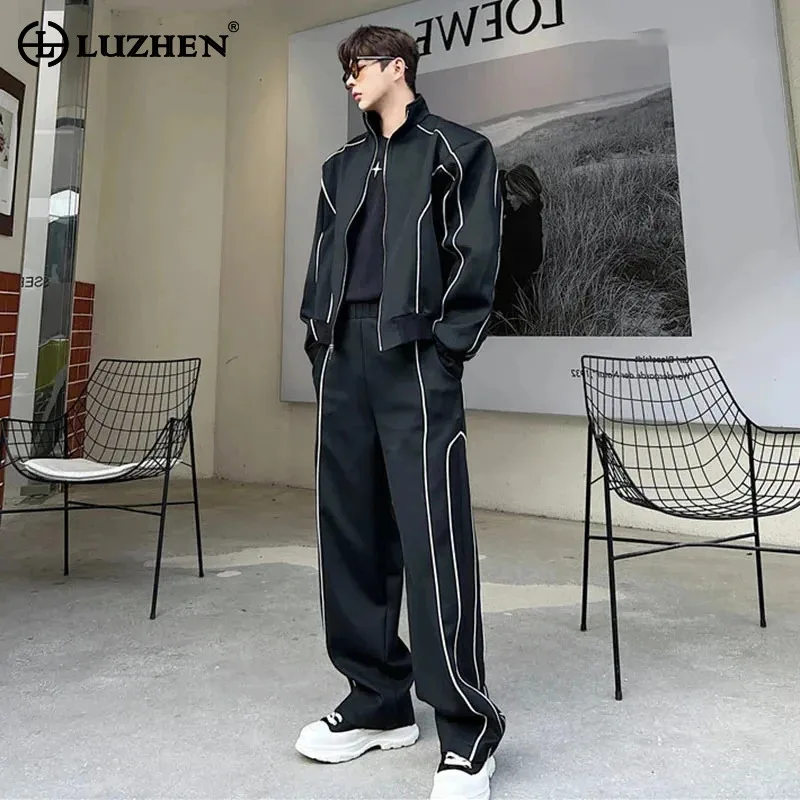 LUZHEN 2024 New Men\'s Stylish Original Two-piece Sets High Street Color Contrast Line Design Jackets Loose Pants Clothes C9189d