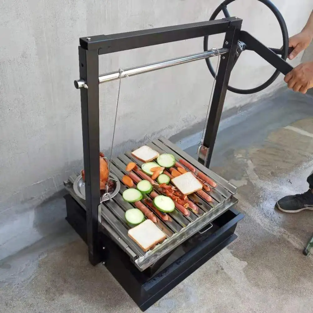 Household Balcony V-shape Stainless Steel Powder Coated Charcoal Grill With Portable Folding Trolley For Chicken Rotisserie