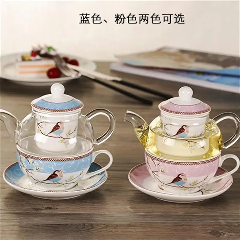 European Style Glass Teapot Set, Floral Bird Mother-Daughter Pot for Afternoon Tea Gift, 1 Person Tea Set with Ceramic Cup