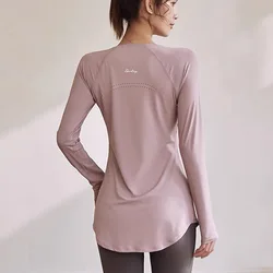 New Long Sleeve Slim Yoga Shirts Quick Drying Fitness Workout Running Sportswear Long Version Blouse Pilates Fitness T-shirt