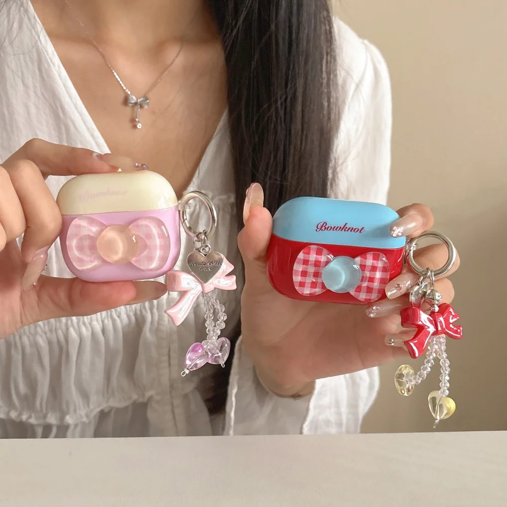 

INS 3D Bowknot Checkerboard Earphone Case For AirPods 2 3 4 Pro 2 Pro3 Cute Gingham Bow Pendant Soft Protective Cover With Chain