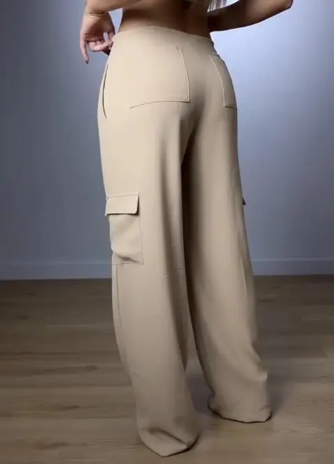 Pantalon taille haute plissé avec cordon de serrage sur le devant, jambes larges, poches à rabat décontractées, Design Cargo