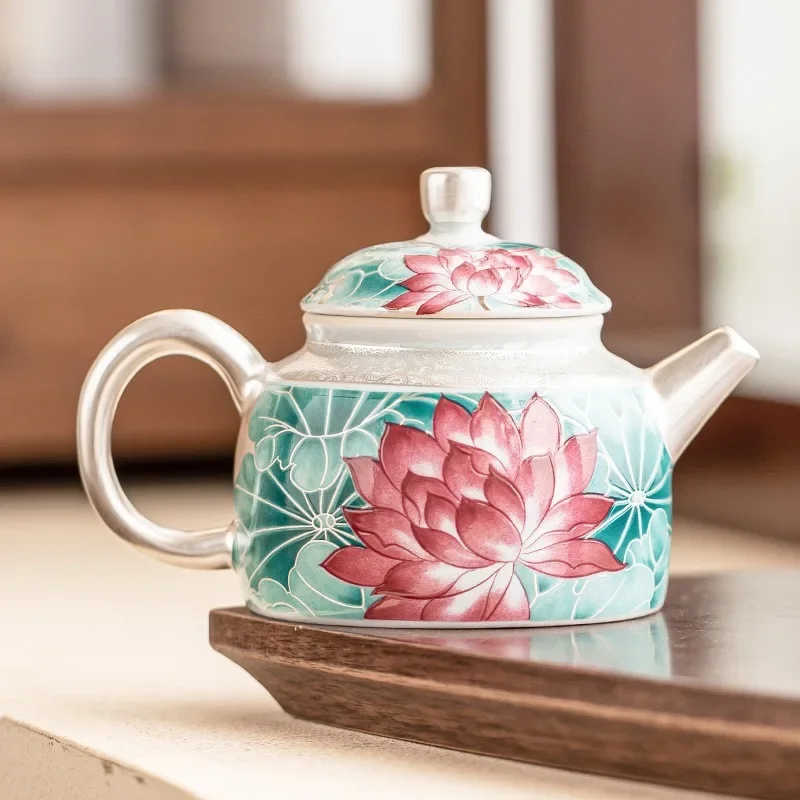 125ML Chinese Lotus Pond Moonlight Ball Pot Exquisite High-end Hand-painted 999Silver Teapot Anti-scalding Hand-held Pot Support