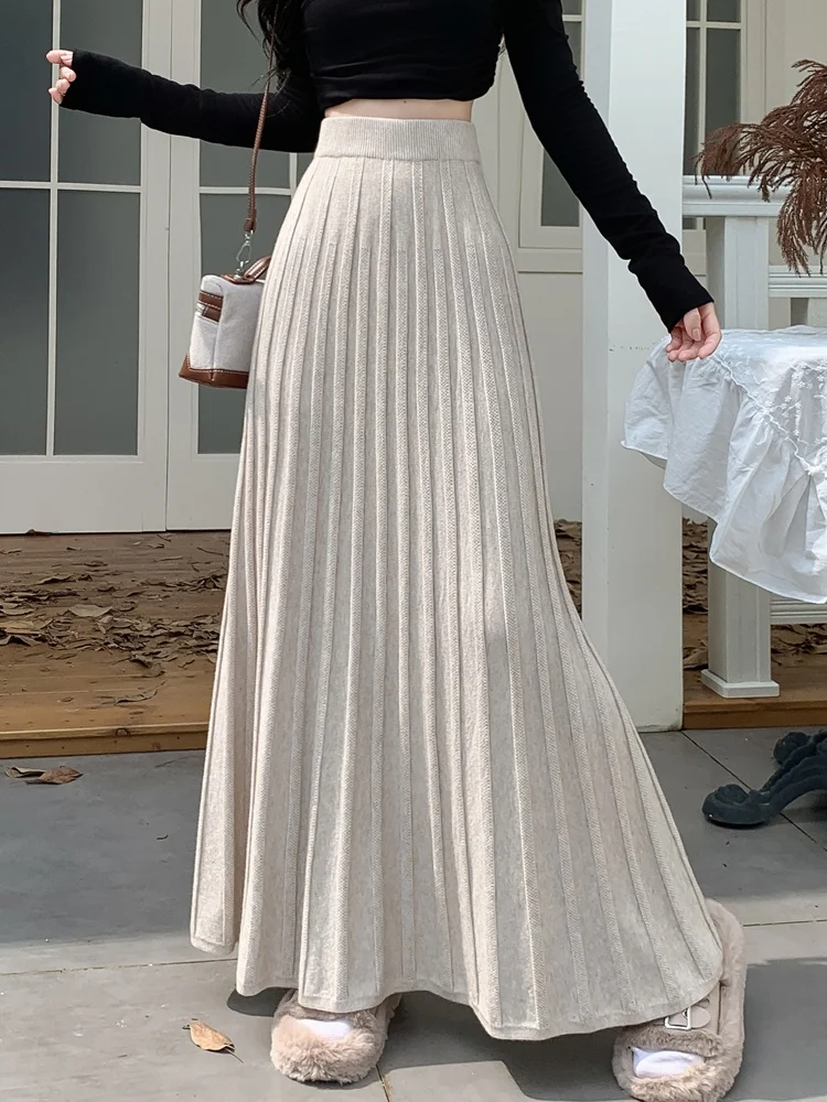 

SMTHMA 2025 new autumn winter pleated skirt high waist slimming solid A-line skirt women's soft knitted long skirt