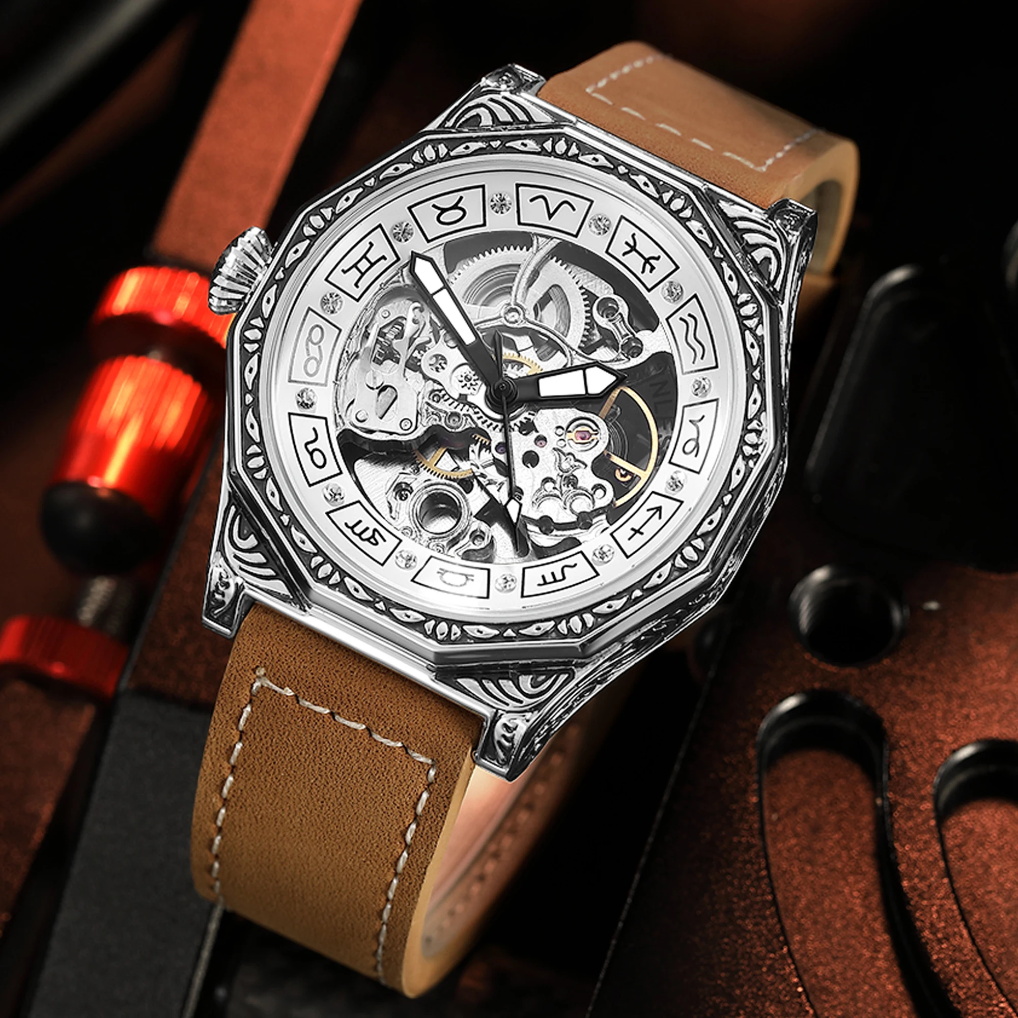 

12 Constellation Automatic Mechanical Watch Men Vintage Unique Skeleton Steampunk Wristwatch Hollow Male Clock Relogio Masculino