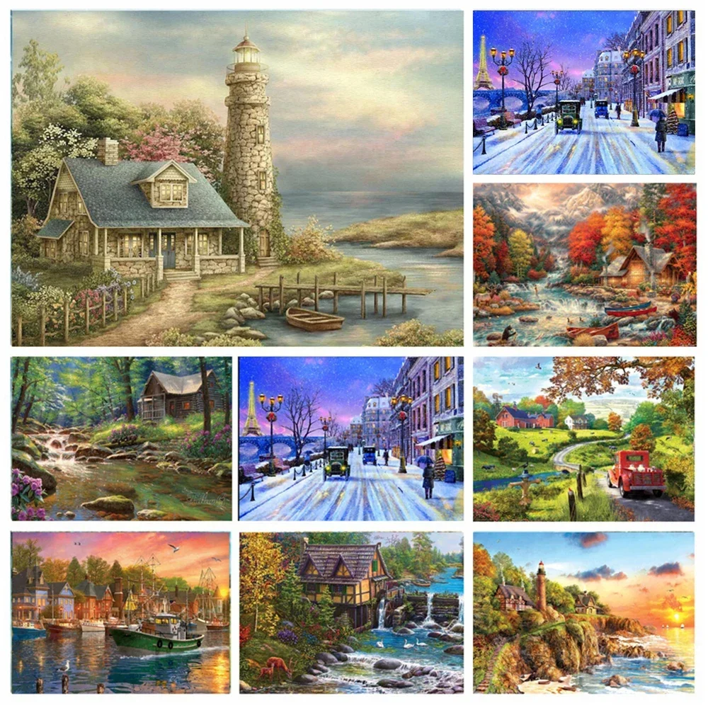 5D Diamond Painting Cross Stitch Landscape Mosaic Picture Diy Full Rhinestone Embroidery Sale Lighthouse House Wall Decor Gifts