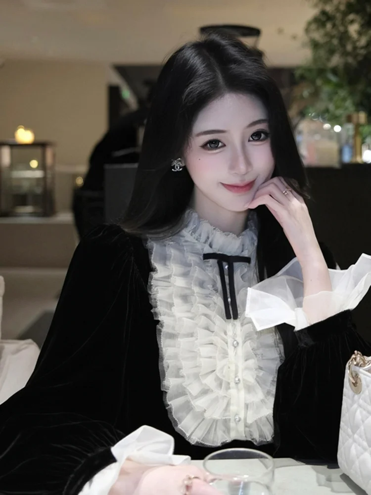 

Ele Lace Patchwork Velvet irt Women's Autumn Winter New Sle High-End Beautiful Faionable Top French Sle Loose Fit