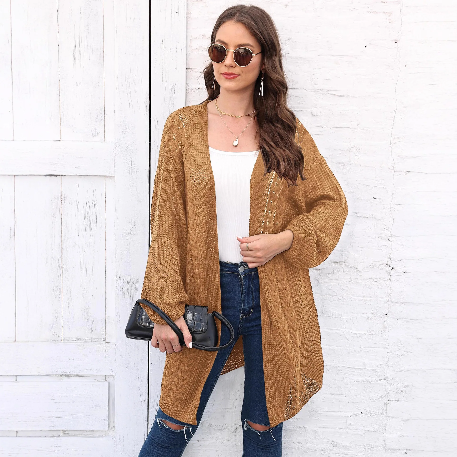 

Simple Women's Long-sleeved Knitted Cardigan Air-conditioned Spring Autumn Machine-woven Casual Solid Color Sweater Jacket