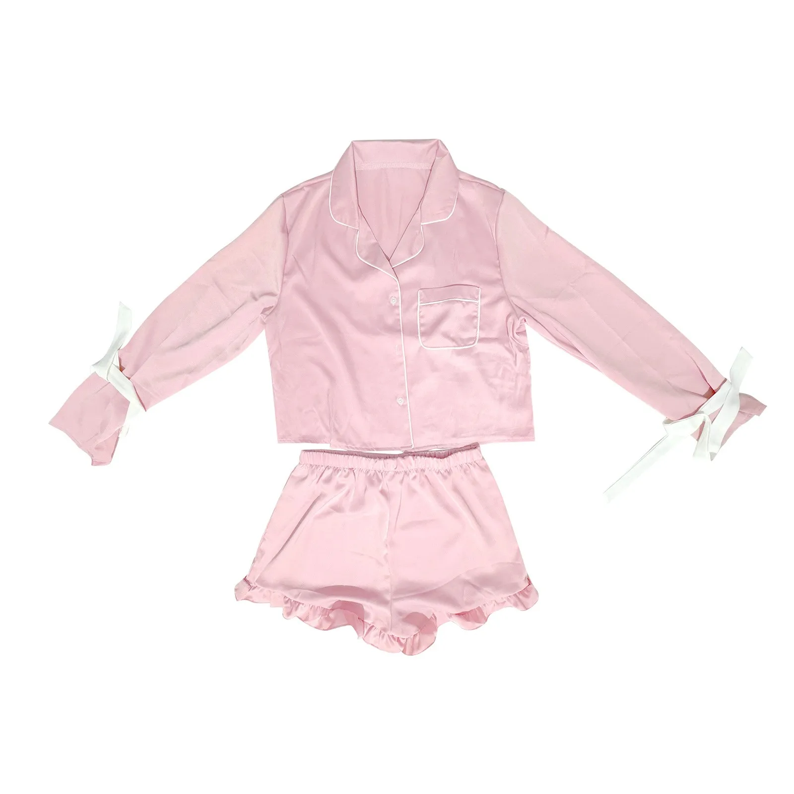 2024 New Women Satin Silk 2 Piece Pajamas Set Bow Tie Bell Sleeve Notch Collar Shirt+Ruffled Shorts Sleepwear Set Soft Nightwear