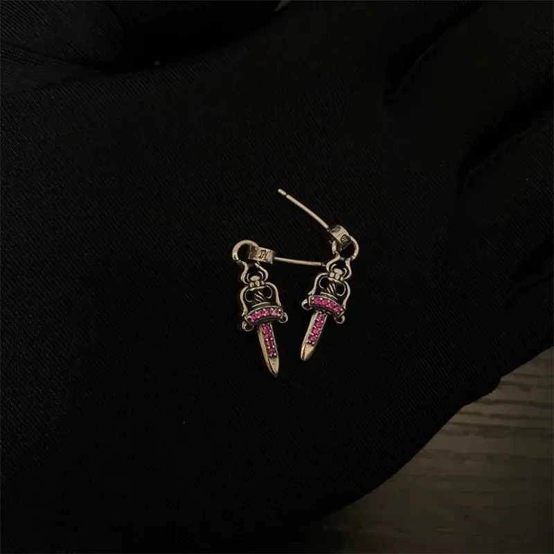 Eye-catching Cross Powder Zircon Sword Earrings Design That Niche Retro Unique Fashionable Personalized High-end Earring Jewelry