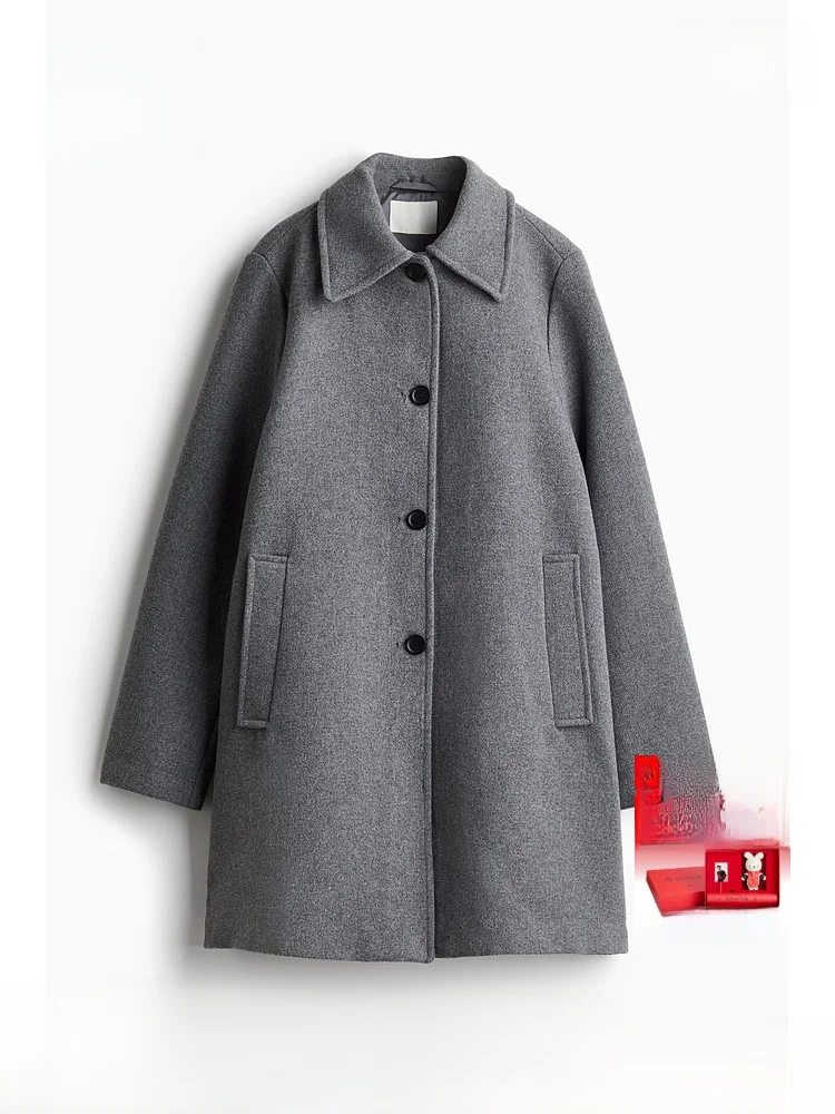 

H&M Women's Winter Woolen Coat Loose Knee-Length Button Collar Oversize Felted Wool Blend Casual Sle Faionable Outerwear