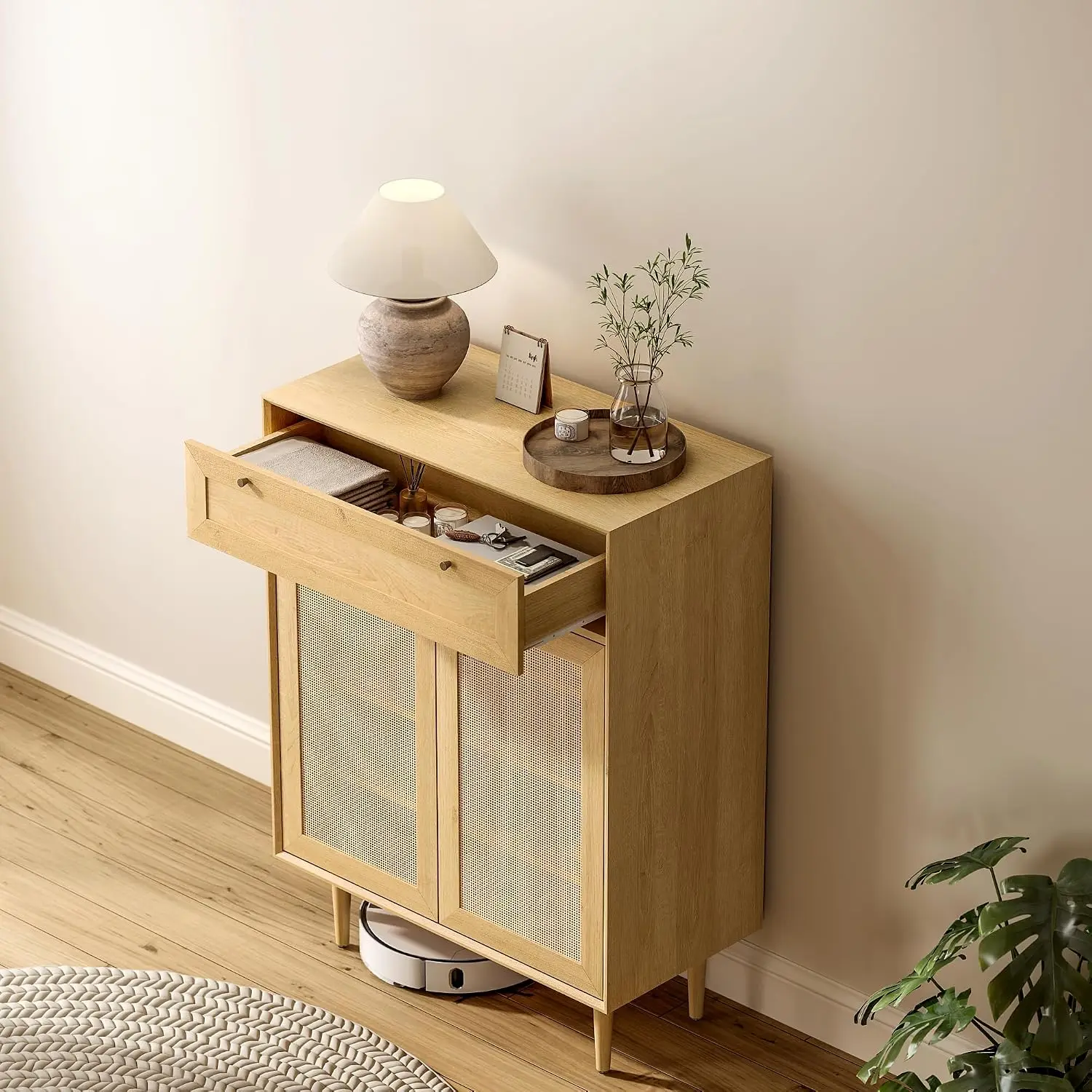 Rattan Shoe Cabinet with 2 Doors 4-Tier Wooden Freestanding Shoe Rack for Hallway Entryway Living Room, Customized
