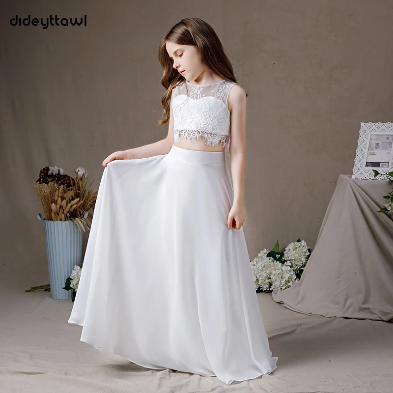 

Dideyttawl Customized Two Pieces Lace Chiffon Sleeveless Flower Girl Dresses Simple First Communion Gown Junior Concert Party