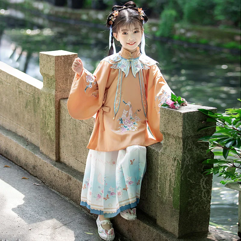 

Vintage Chinese Festival Clothing Orange Floral Embroidery Hanfu Children Kids Ancient Traditional Dress Girls Fairy Costumes